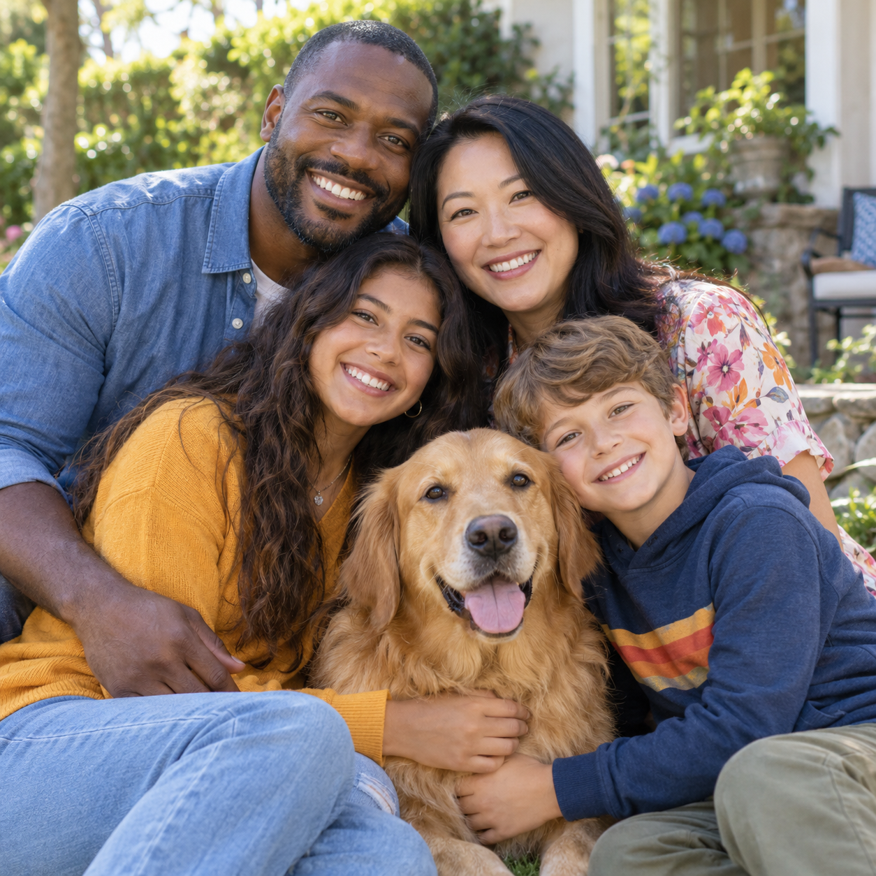 Fictional family together with their dog